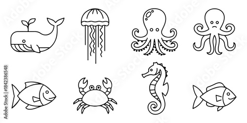 Minimalist line art outlines of sea creatures whale, octopus, fish, and crab for aquatic themes and children's projects, Isolated on Transparent Background