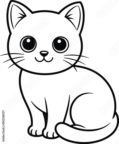 A funny, cute cartoon cat kitten character sitting with a tail and paw, designed as a vector illustration for pet and animal art