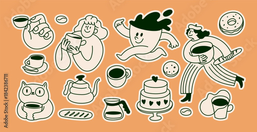 Vector set of stickers and badges, funny doodle sketchy icons and illustrations, coffee theme, barista, mascots, characters