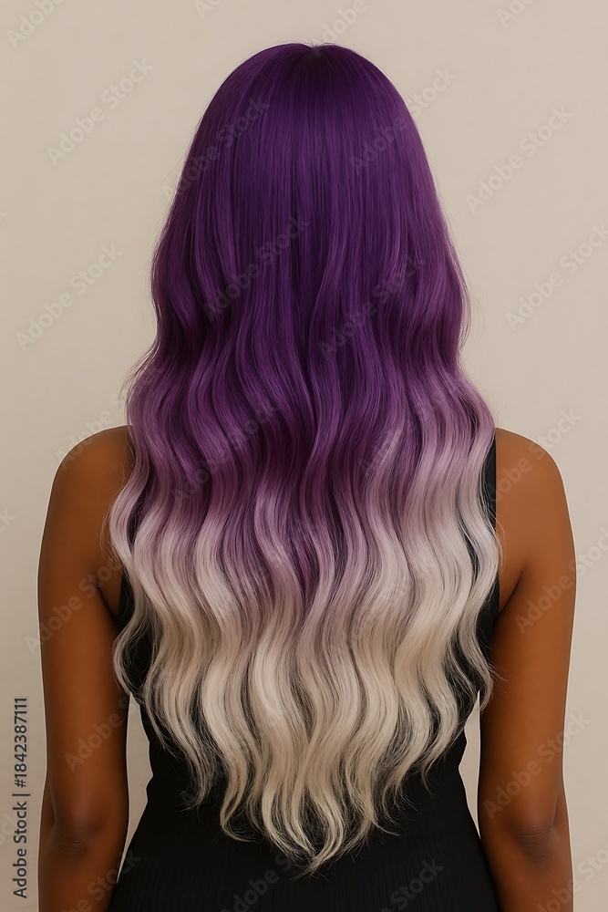 Fototapeta premium A back view of a person with long, wavy hair that has a beautiful purple and white ombre color transition.