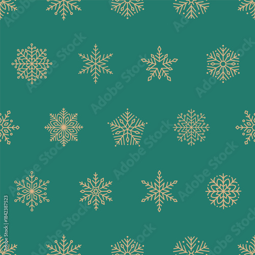 Seamless pattern with cute minimalist snowflakes. Gentle winter holiday design for Christmas, New Year. Perfect for banner, wallpaper, wrapping paper, background, card, poster. Vector illustration