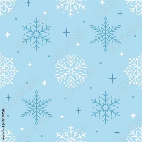 Seamless pattern with cute minimalist snowflakes. Gentle winter holiday design for Christmas, New Year. Perfect for banner, wallpaper, wrapping paper, background, card, poster. Vector illustration