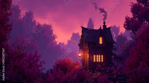 Gothic church architecture in the woods at night with the silhouette of an ancient tower, clouds, and the moon over Prague, Europe