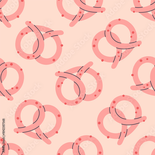 Seamless pattern with cute pink pretzel. Oktoberfest snack. Design for banner, wallpaper, wrapping paper, background, card, poster. Vector illustration in flat style