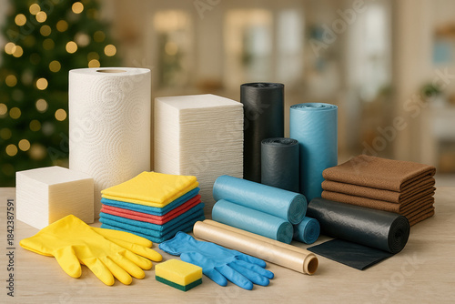 Colorful assortment of household cleaning supplies on wooden table in festive kitchen