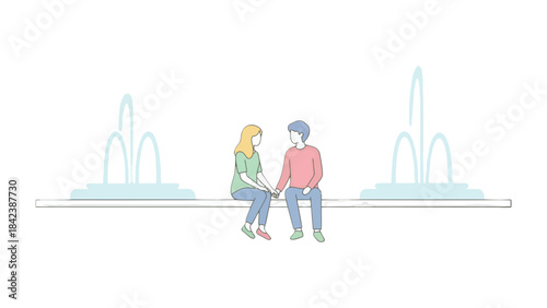 Quiet Moments and Serene Reflections: A tender depiction of a couple sharing a quiet moment, hand in hand, while observing the gentle dance of a fountain.  Evoking a sense of calm and love.