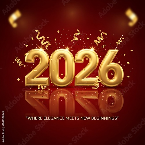 A luxurious 2026 new year graphic with golden 3D numbers, sparklers, and confetti on a dark red background with a reflective surface and elegant quote