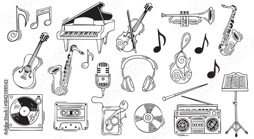 Hand Drawn Musical Instruments and Audio Equipment Set Vector Illustration