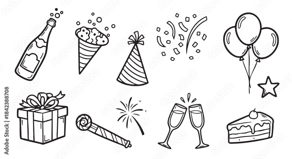 Obraz premium New year celebration doodle style vector graphic party supplies decoration