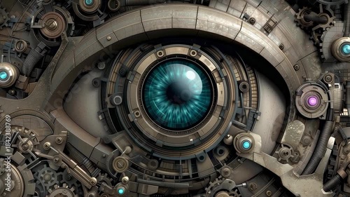 Steampunk mechanical eye surrounded by intricate gears and machinery 