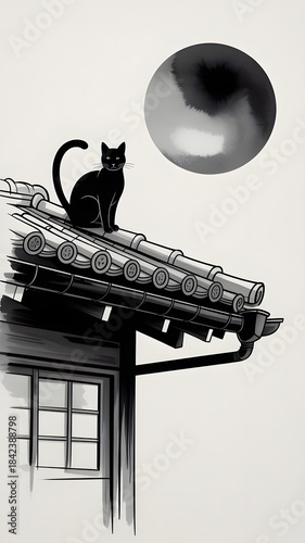 A vintage art scene of a cat and mouse in an old decorated house with a cat on a chair and another on the roof under antique lamp light