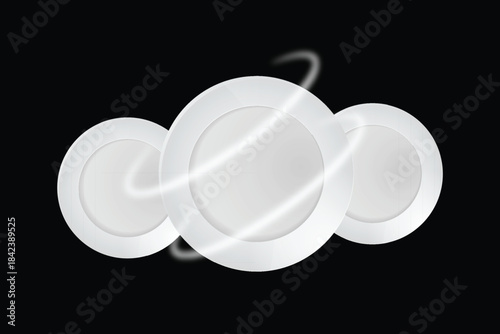 Three white circular objects with abstract light trails against a black background Vector