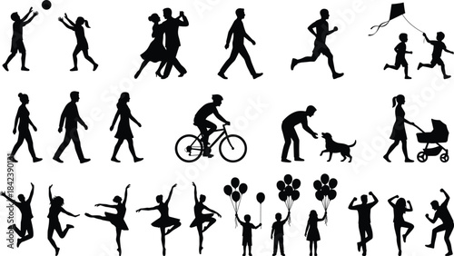 Silhouettes of families, children, and adults enjoying various outdoor activities, showcasing movement, play, exercise, joy, leisure, bonding, and active lifestyle scenes.