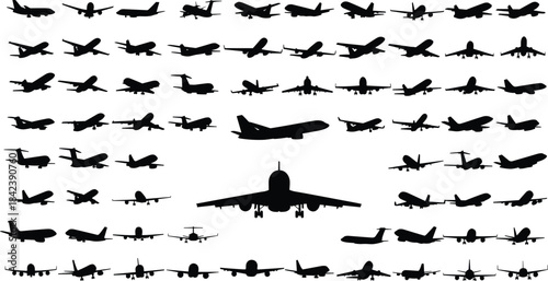 Airplane Silhouette Icon Set: Black Vector Collection of Aircraft, Jets, and Propeller Planes for Aviation, Travel, and Flight Design.
