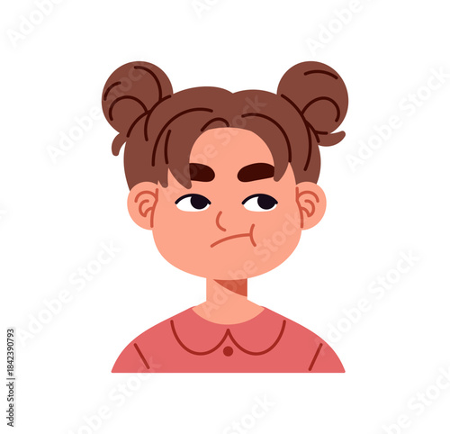 Avatar of fed up little girl with annoyed facial expression. Portrait of kid with bored emotions on face. Dissatisfied child rolls her eyes. Flat isolated vector illustration on white background