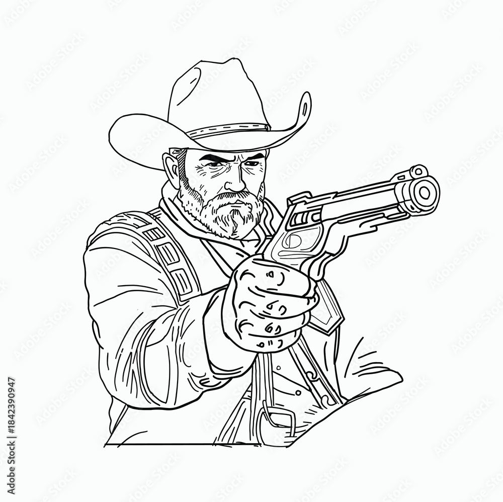 custom made wallpaper toronto digitalDetailed Black and White Line Art Illustration of a Bearded Cowboy Gunslinger in Classic Wild West Attire Aiming His Revolver Directly at the Viewer with Intense Expression Ready for a Duel