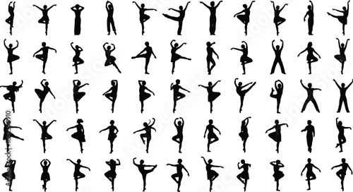Collection of Dynamic Dancer Silhouettes Vector: Graceful Female Figures Performing Ballet, Gymnastics, and Contemporary Dance Poses for Studio Design and Performance Art.