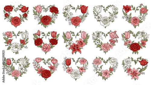 Collection of fifteen handdrawn floral heart wreaths in red, pink, and white hues