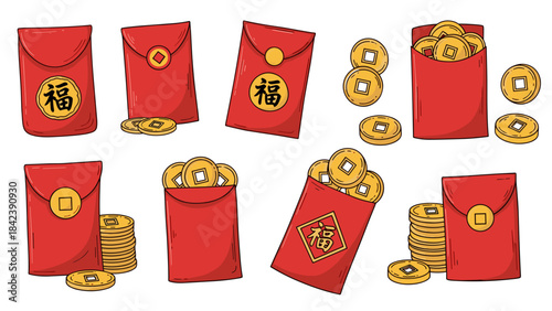 Collection of red envelopes with chinese coins for lunar new year celebration