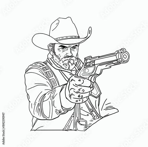 Detailed Black and White Line Art Illustration of a Bearded Cowboy Gunslinger in Classic Wild West Attire Aiming His Revolver Directly at the Viewer with Intense Expression Ready for a Duel