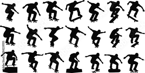 Skateboarding Tricks Silhouette Vector Pack: Dynamic Collection of Skater Jumps, Flips, Grinds, and Action Poses for Extreme Sports and Urban Lifestyle Graphics.
