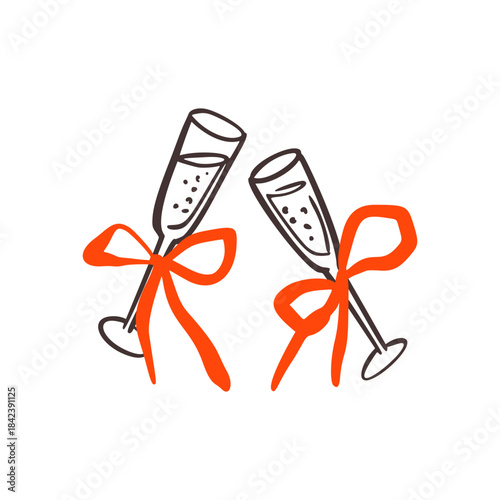 Champagne glasses with elegant bow illustration perfect for wedding toasts and celebration designs. Whimsical hand drawn style festive prosecco wineglasses. Valentines day crayon doodle icon