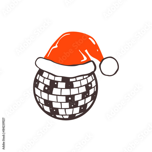 Happy New Year and Merry Christmas hand drawn doodle crayon design element. Sketch mirror disco ball with red Santa Claus hat. Whimsical illustration for nightclub dance party posters, invitations