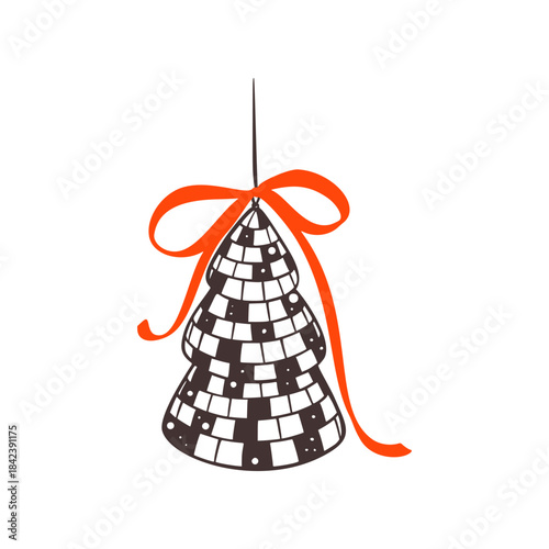 Whimsical disco ball Christmas tree illustration with ribbon bow and glittering for festive party celebrations and New Year decorations in coquette retro style. Bachelorette crayon illustration