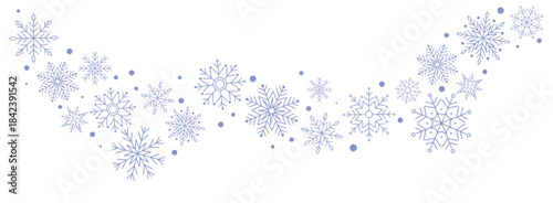 Winter border with light blue snowflakes on white background. Minimal festive garland for Christmas and New Year decoration. Frosty elegant design for greeting card or banner. Flat