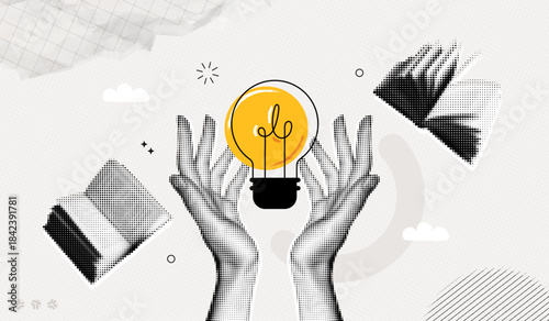 Trendy Halftone Collage Hands holding Light bulb around books. Study and education concept. New ideas and solutions. Creative mind or brainstorm. Contemporary vector illustration art