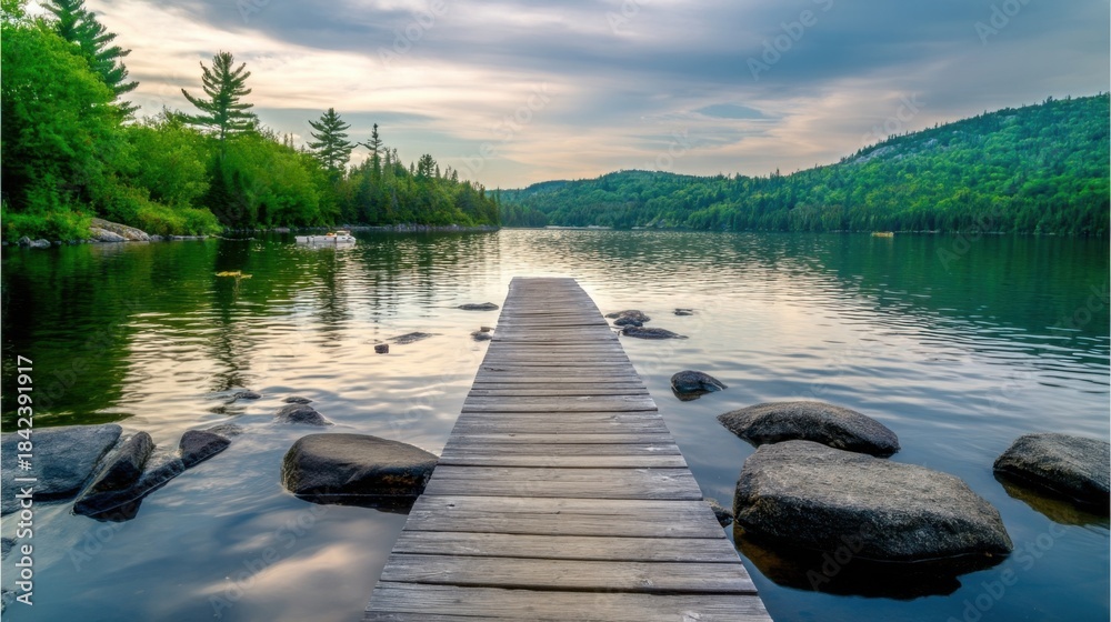 Fototapeta premium A serene lakeside scene with a wooden pier extending into calm water,