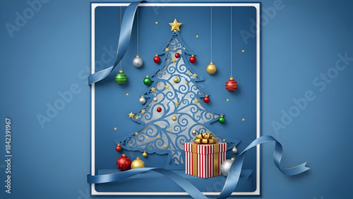 Ornate Blue Christmas Card with Intricate Cutout Tree Design, Ornaments, and Gift Box, Elegant Holiday Greeting