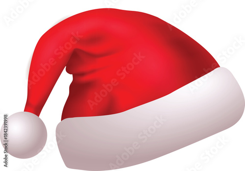 A classic red santa claus hat with white fur trim and pom-pom, isolated on a white background. Vector