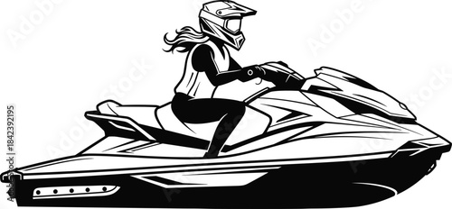 Dynamic Black and White Vector Illustration of a Woman Riding a Modern Personal Watercraft (PWC) or Jet Ski in Sportswear with Helmet and Life Vest for Water Sports and Adventure Graphics