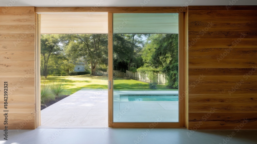 Fototapeta premium Modern building interior with a large glass door revealing an outdoor view of a swimming pool, paved area, greenery,