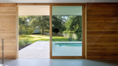 Modern building interior with a large glass door revealing an outdoor view of a swimming pool, paved area, greenery,
