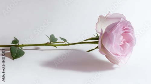 A single pink rose with green leaves and thorns on its stem, symbolizing love and beauty in nature.