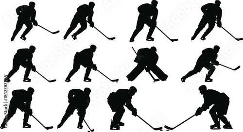 Professional Ice Hockey Player Silhouettes Vector Collection, Dynamic Action Poses Including Goaltender, Ready for Championship Design, Team Sport Tournament Banner, Winter Game Athlete.