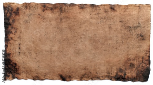 An aged rectangular piece of brown fragile material with irregular jagged edges,