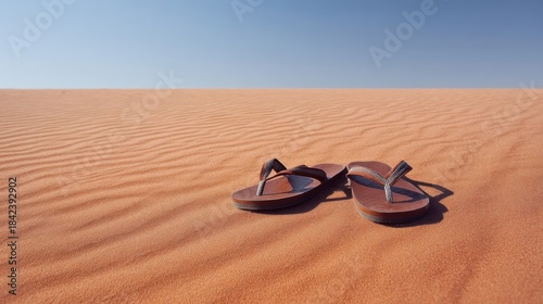 A pair of sandals rests on rippled reddish brown sand dunes under clear blue skies,