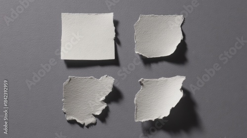 Four torn paper pieces arranged on a light gray background,