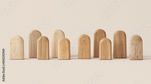 Ten wooden objects with rounded tops in varying shades of brown are arranged in two parallel lines against a neutral bac
