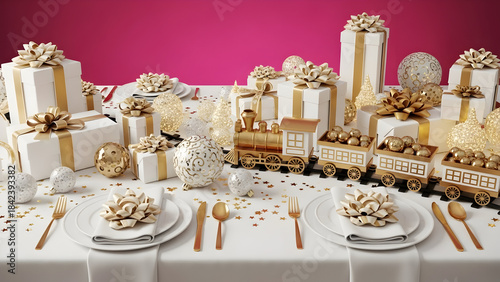 Festive Christmas Dining Table Setting with Abundant Gold and White Gifts, Ornaments, Miniature Train, and Confetti