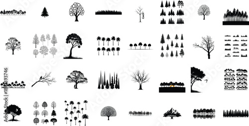 Collection of tree silhouettes isolated on transparent background