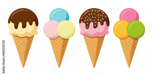 Four colorful ice cream cones with chocolate vanilla and fruity scoops sprinkles