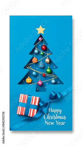 Vertical Blue Christmas and New Year Greeting Card with Cutout Tree, Colorful Ornaments, Gift, Ribbon, and Festive Text