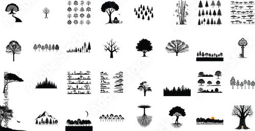 Silhouette of various tree and forest shapes isolated on transparent background