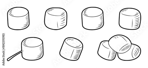Seven black and white line cylindrical spools of thread in various positions