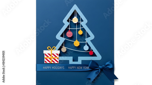 Dark Blue Christmas Card Design with Stylized Cutout Tree, Ornaments, Striped Gift Box, and Elegant Blue Ribbon