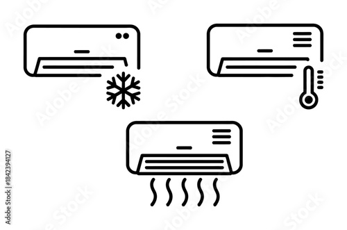 Monochrome line of air conditioner showing cooling heating and airflow modes